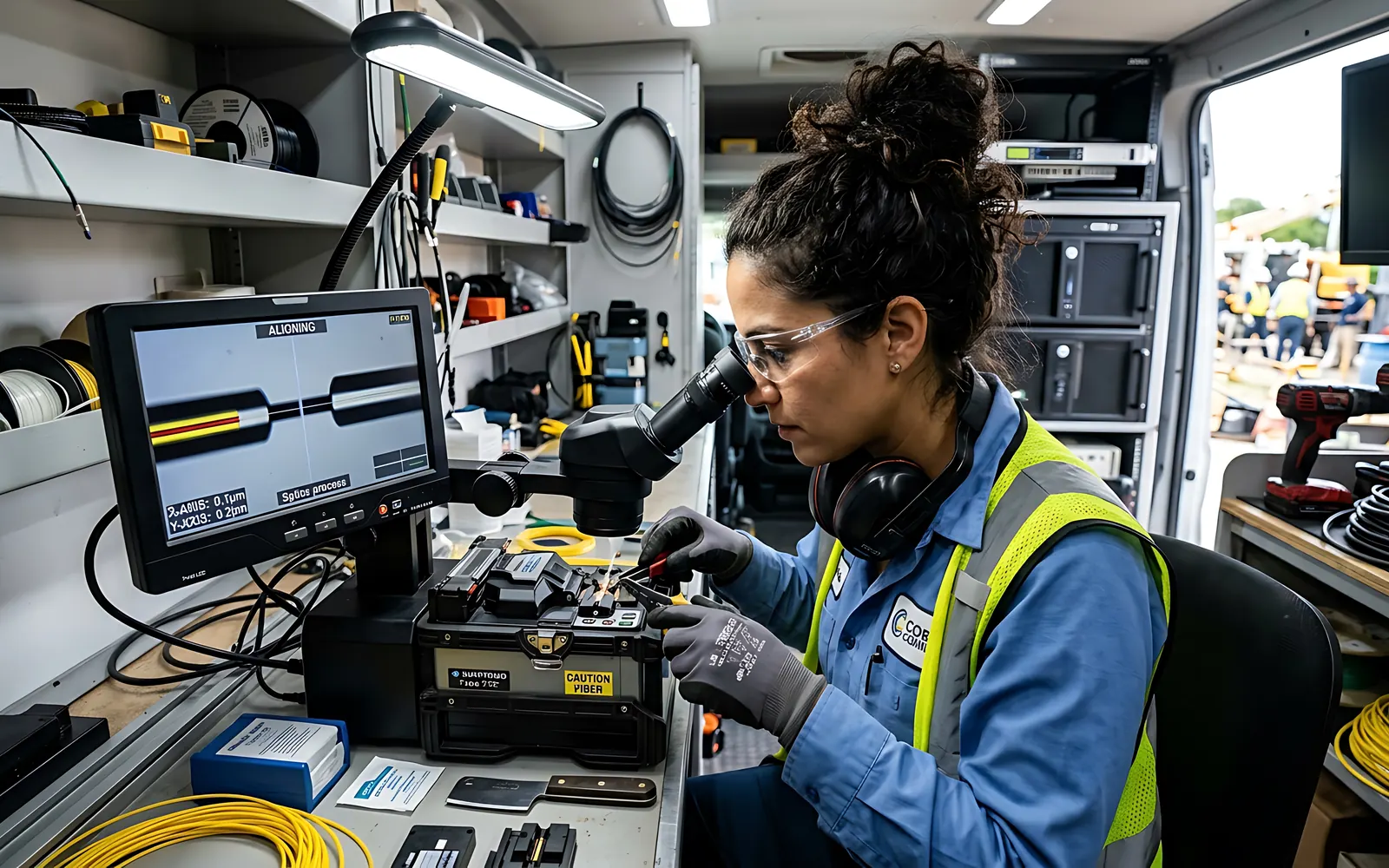 Glasfasertechniker bei der Reparatur einer Glasfaserverbindung im Servicefahrzeug